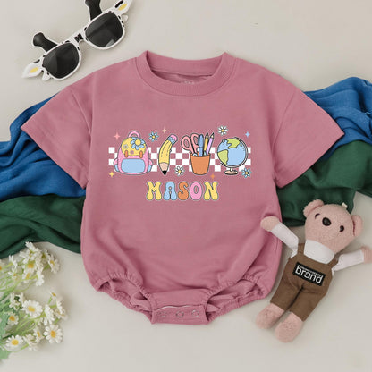 Personalized Name Back To School Romper Whimsical Checkered Icons First Day Kindergarten Outfit Toddler Infant Bodysuit Cheerful Yellow Orange Retro Design
