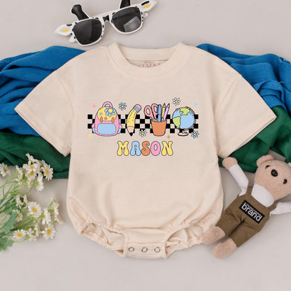 Personalized Name Back To School Romper Whimsical Checkered Icons First Day Kindergarten Outfit Toddler Infant Bodysuit Cheerful Yellow Orange Retro Design