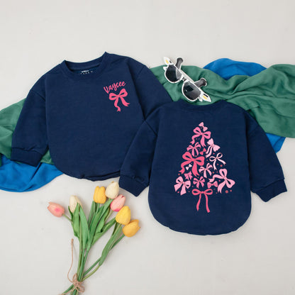 Custom Pink Bow Christmas Tree Baby Romper My First Christmas Outfit Girl Bodysuit Baby Shower Gift