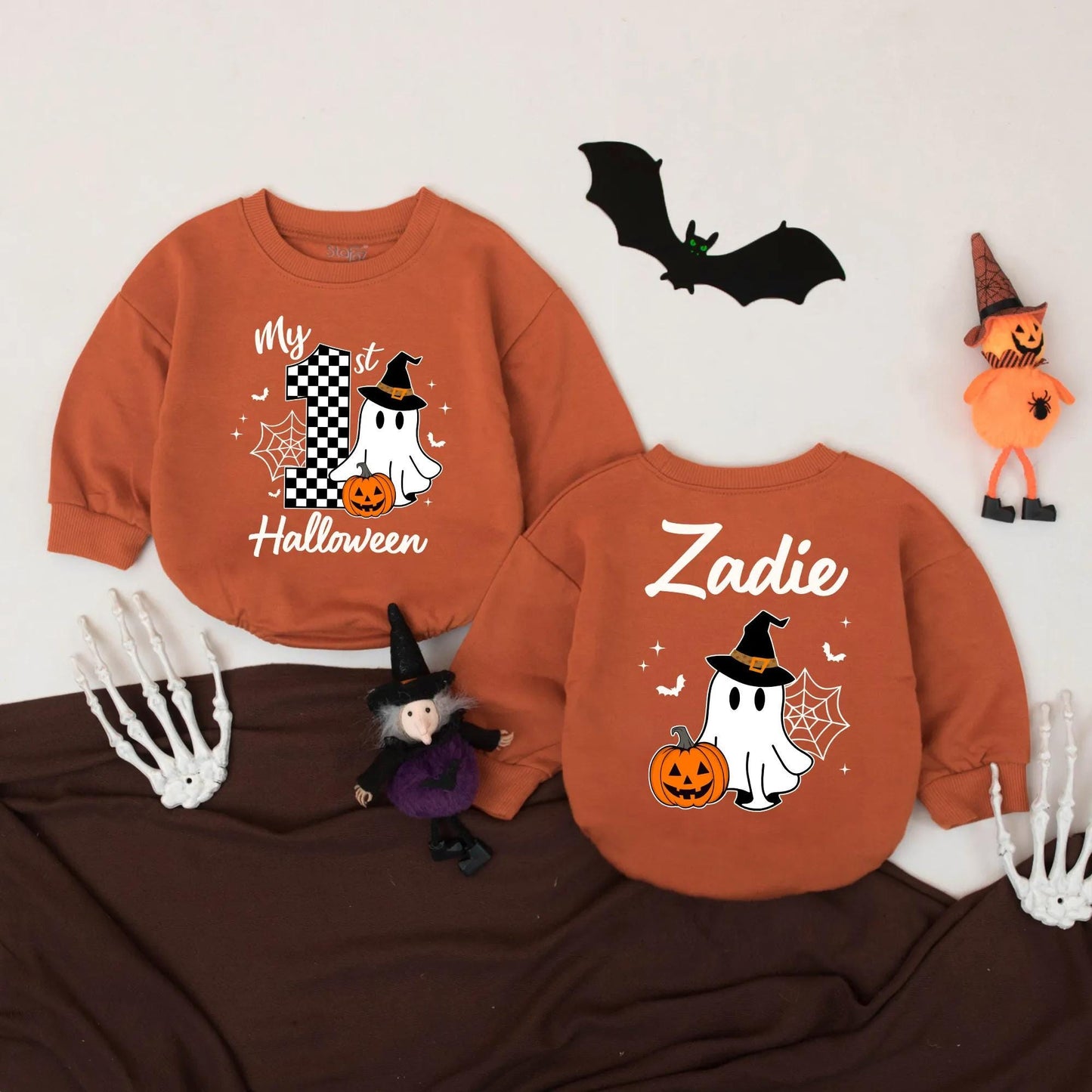 Personalized My First Halloween Baby Romper Ghost Pumpkin Witch Hat Design Fall Infant Bodysuit Spooky Bats Spider Web Outfit Girls Boys Shower Gift
