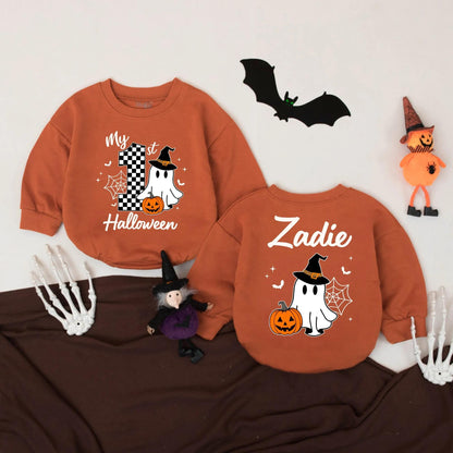 Personalized My First Halloween Baby Romper Ghost Pumpkin Witch Hat Design Fall Infant Bodysuit Spooky Bats Spider Web Outfit Girls Boys Shower Gift