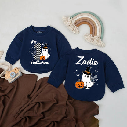 Personalized My First Halloween Baby Romper Ghost Pumpkin Witch Hat Design Fall Infant Bodysuit Spooky Bats Spider Web Outfit Girls Boys Shower Gift