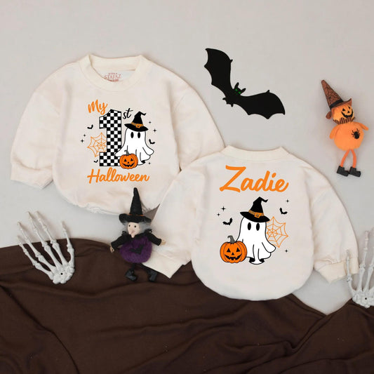 Personalized My First Halloween Baby Romper Ghost Pumpkin Witch Hat Design Fall Infant Bodysuit Spooky Bats Spider Web Outfit Girls Boys Shower Gift