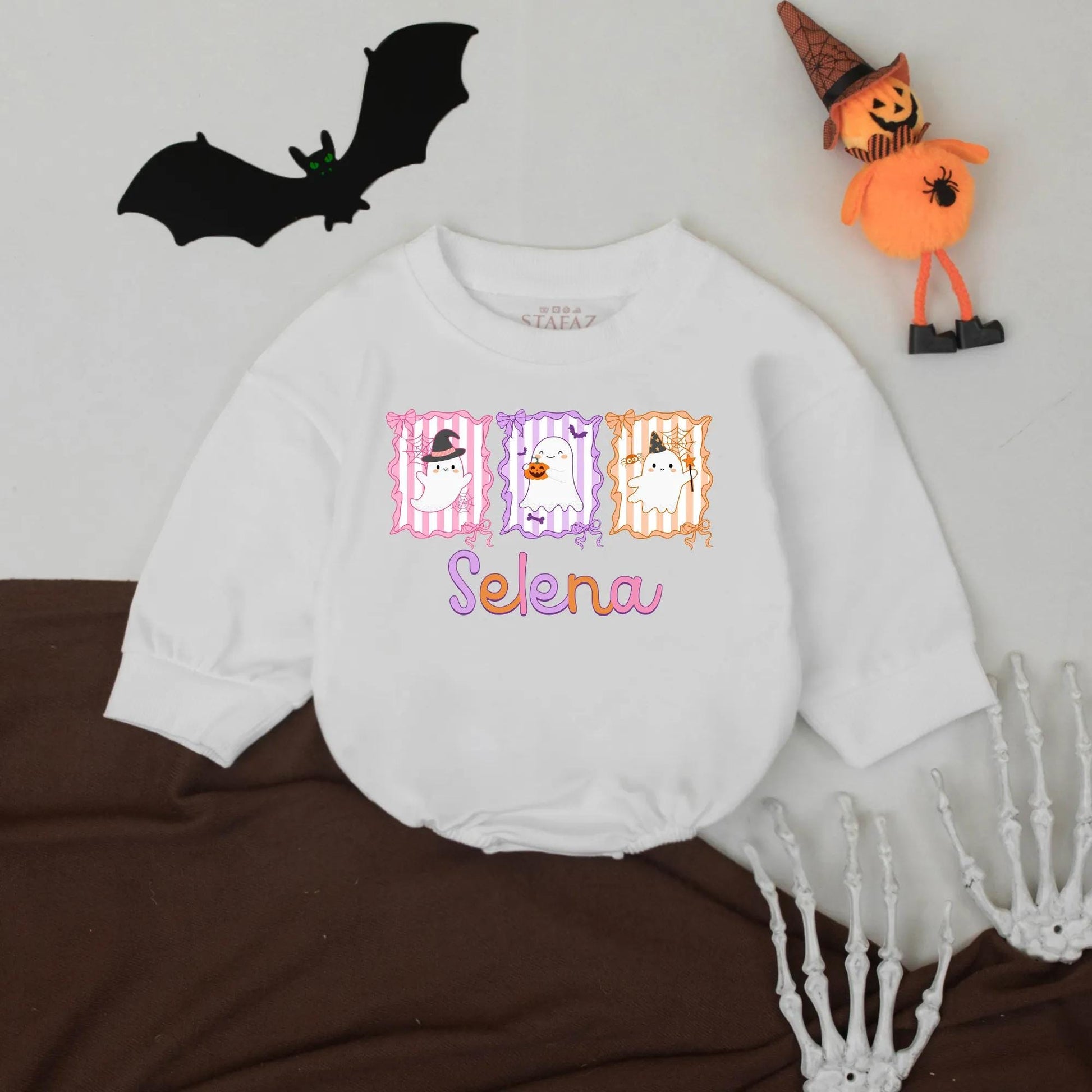 Selena's Spooky Cute Ghost Romper: Custom Pastel Halloween Outfit for Baby Girl, Retro Infant Bodysuit with Witch Hat, Pumpkin, & Wizard's Wand Design (139)