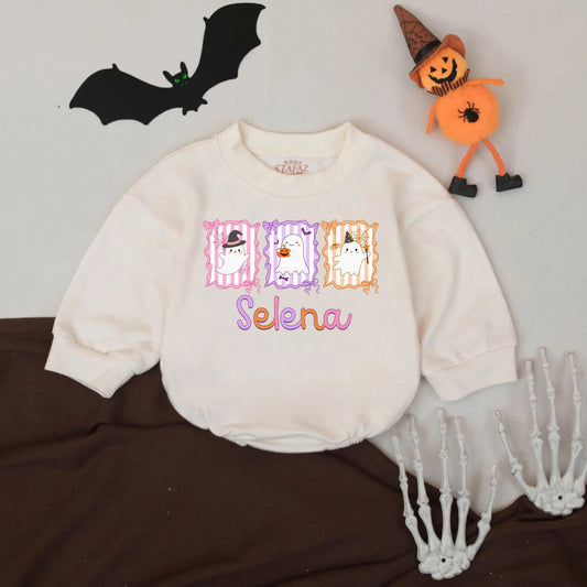 Selena's Spooky Cute Ghost Romper: Custom Pastel Halloween Outfit for Baby Girl, Retro Infant Bodysuit with Witch Hat, Pumpkin, & Wizard's Wand Design (139)