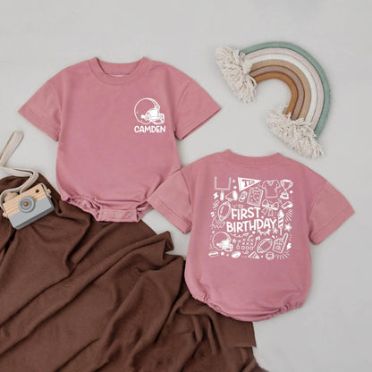 Camden's First Birthday Football Romper, Touchdown Outfit! Personalized 1st Birthday Bodysuit, Game Day Baby, Sports Shower Gift, Light Brown 139 char