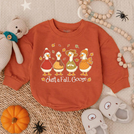 Just a Fall Goose Bubble Romper for Baby Girl, Autumn Outfit, Thanksgiving Toddler Clothes, Cute Seasonal Farm Design