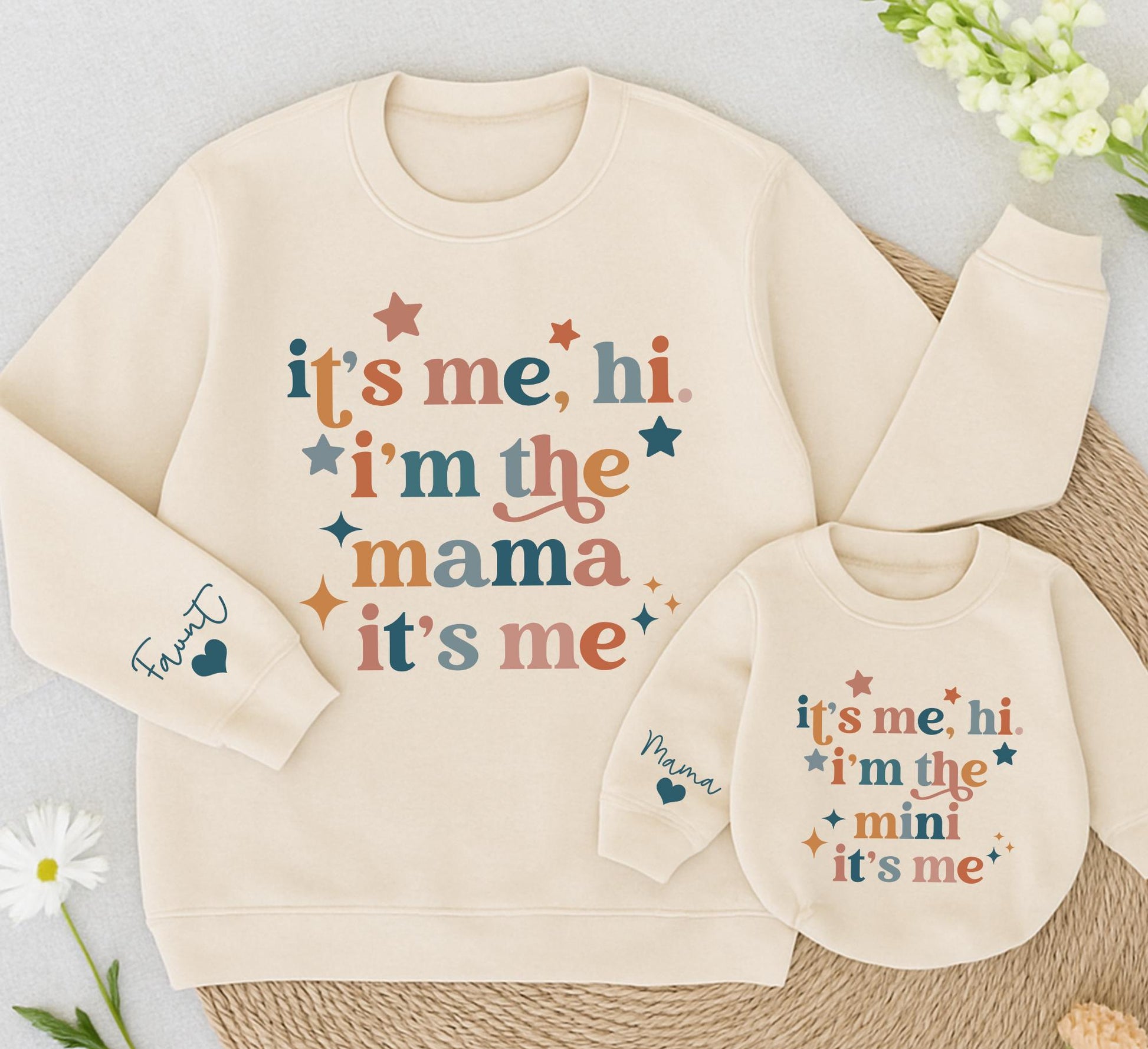 Retro Mama & Mini "It's Me Hi" Matching Sweatshirt and Baby Romper Blue Coral Brown Star Diamond Graphic Cozy Family Gift