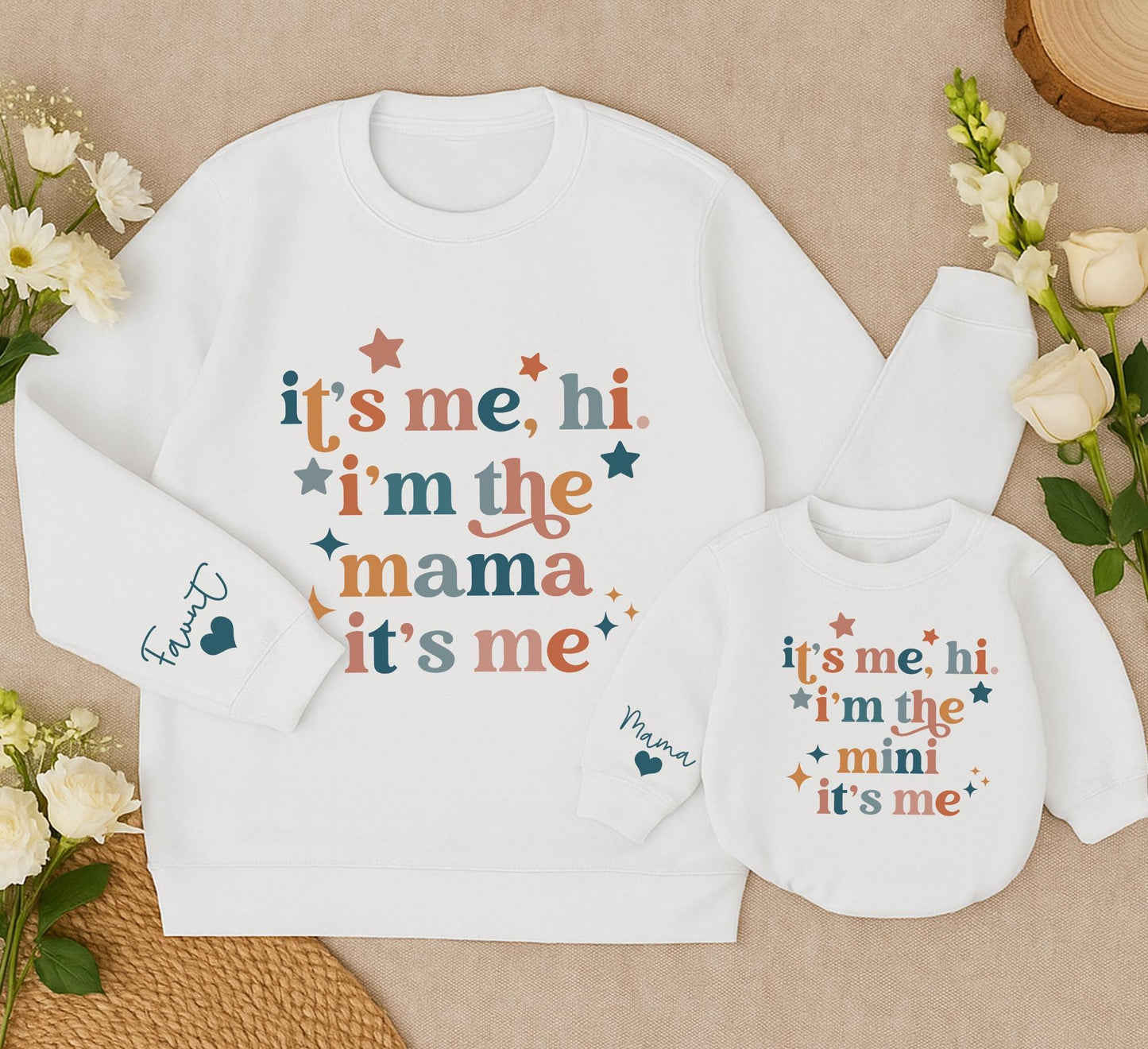 Retro Mama & Mini "It's Me Hi" Matching Sweatshirt and Baby Romper Blue Coral Brown Star Diamond Graphic Cozy Family Gift