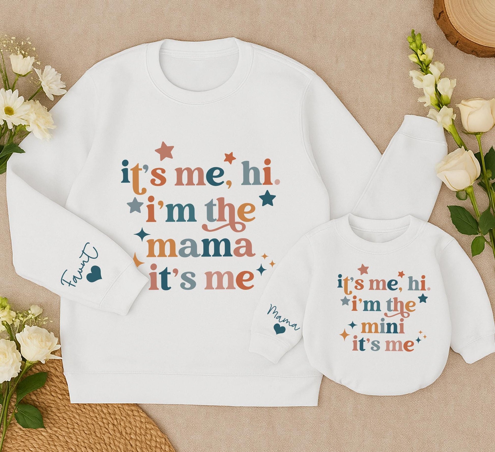 Retro Mama & Mini "It's Me Hi" Matching Sweatshirt and Baby Romper Blue Coral Brown Star Diamond Graphic Cozy Family Gift