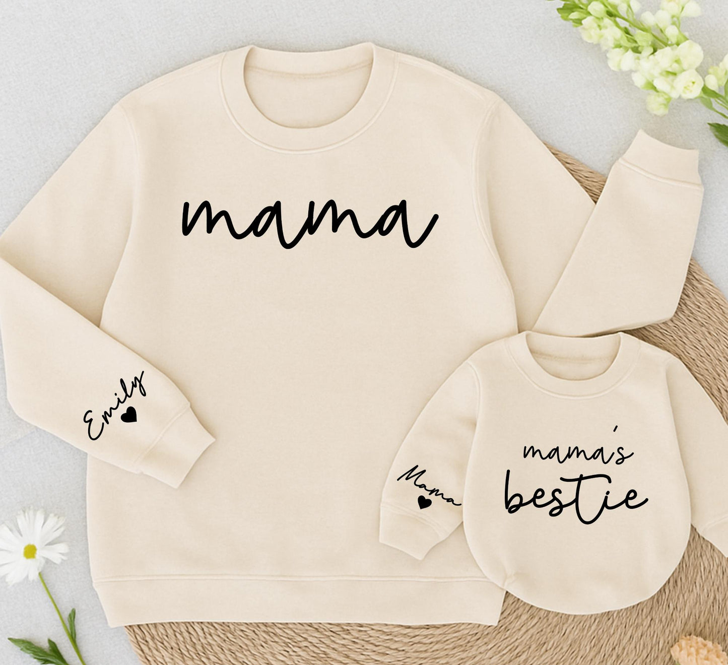 Mama & Mama's Bestie Matching Sweatshirt Set Minimalist Cursive Mom Daughter Outfit Cozy Family Gift