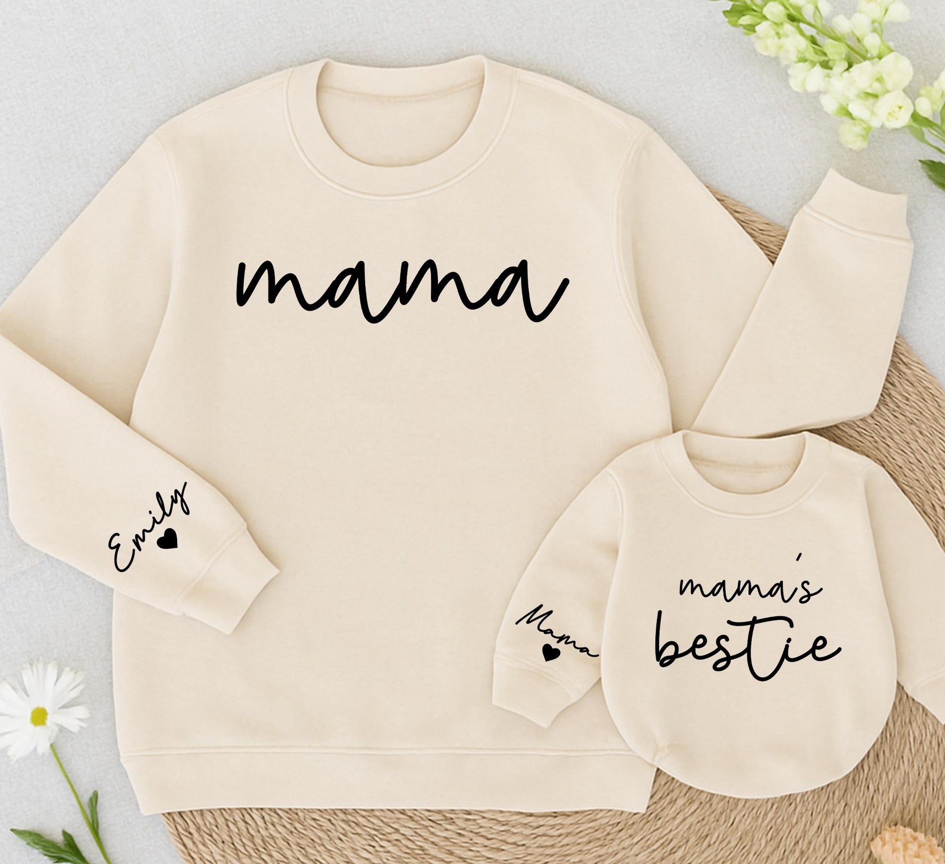 Mama & Mama's Bestie Matching Sweatshirt Set Minimalist Cursive Mom Daughter Outfit Cozy Family Gift