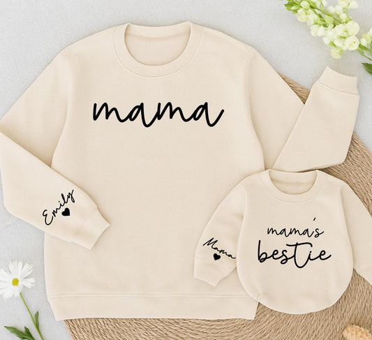 Mama & Mama's Bestie Matching Sweatshirt Set Minimalist Cursive Mom Daughter Outfit Cozy Family Gift