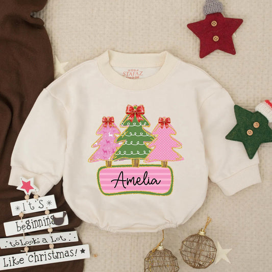 Amelia's Custom Christmas Trees Bubble Romper Baby Toddler Girl Holiday Outfit Red Bow Gold Glitter