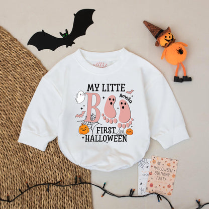 Personalized My Little Boo Baby Romper First Halloween Outfit featuring a cute Ghost Bodysuit perfect for celebrating their very first spooky season as a memorable gift.