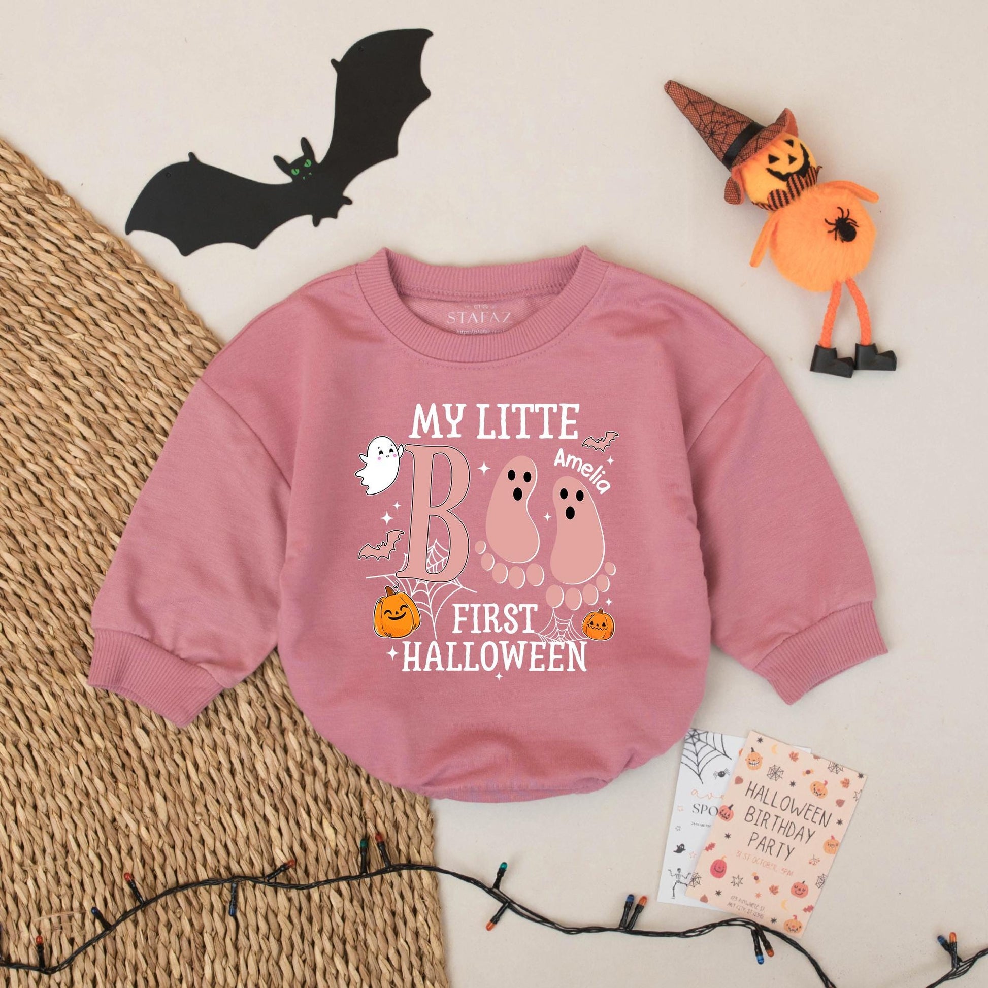 Personalized My Little Boo Baby Romper First Halloween Outfit featuring a cute Ghost Bodysuit perfect for celebrating their very first spooky season as a memorable gift.