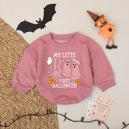 Personalized My Little Boo Baby Romper First Halloween Outfit featuring a cute Ghost Bodysuit perfect for celebrating their very first spooky season as a memorable gift.