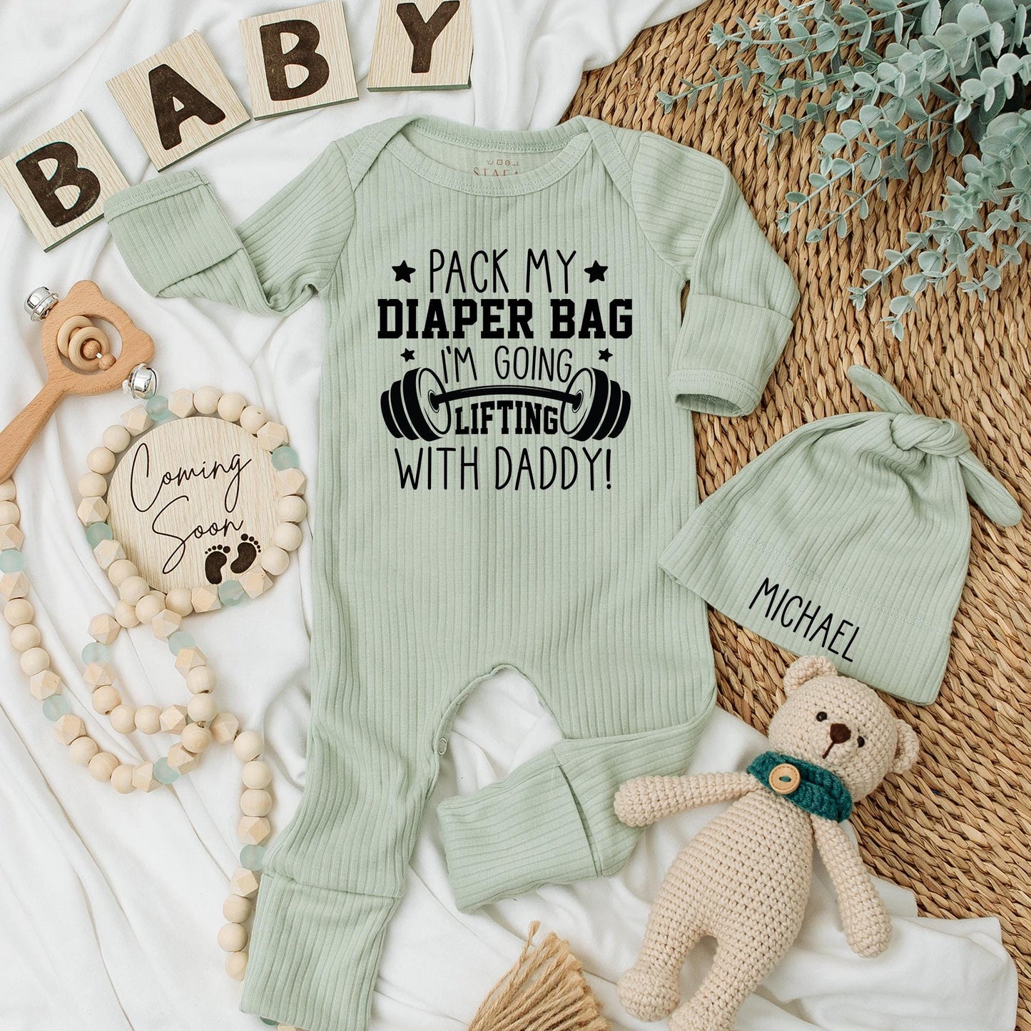 Pack My Diaper Bag I'm Going Lifting with Daddy Baby Bodysuit Funny Gym Clothes Custom Newborn Romper Fitness Workout Gift Idea