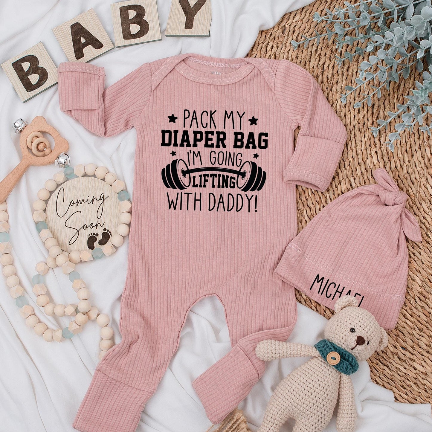 Pack My Diaper Bag I'm Going Lifting with Daddy Baby Bodysuit Funny Gym Clothes Custom Newborn Romper Fitness Workout Gift Idea