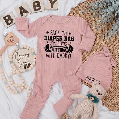 Pack My Diaper Bag I'm Going Lifting with Daddy Baby Bodysuit Funny Gym Clothes Custom Newborn Romper Fitness Workout Gift Idea