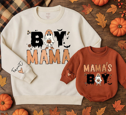 Boy Mama Halloween Matching Sweatshirts, Spooky Season Family Outfit, Ghost Bats Candy Design, Holiday Gifts for Mom & Baby, Custom Clothes 138