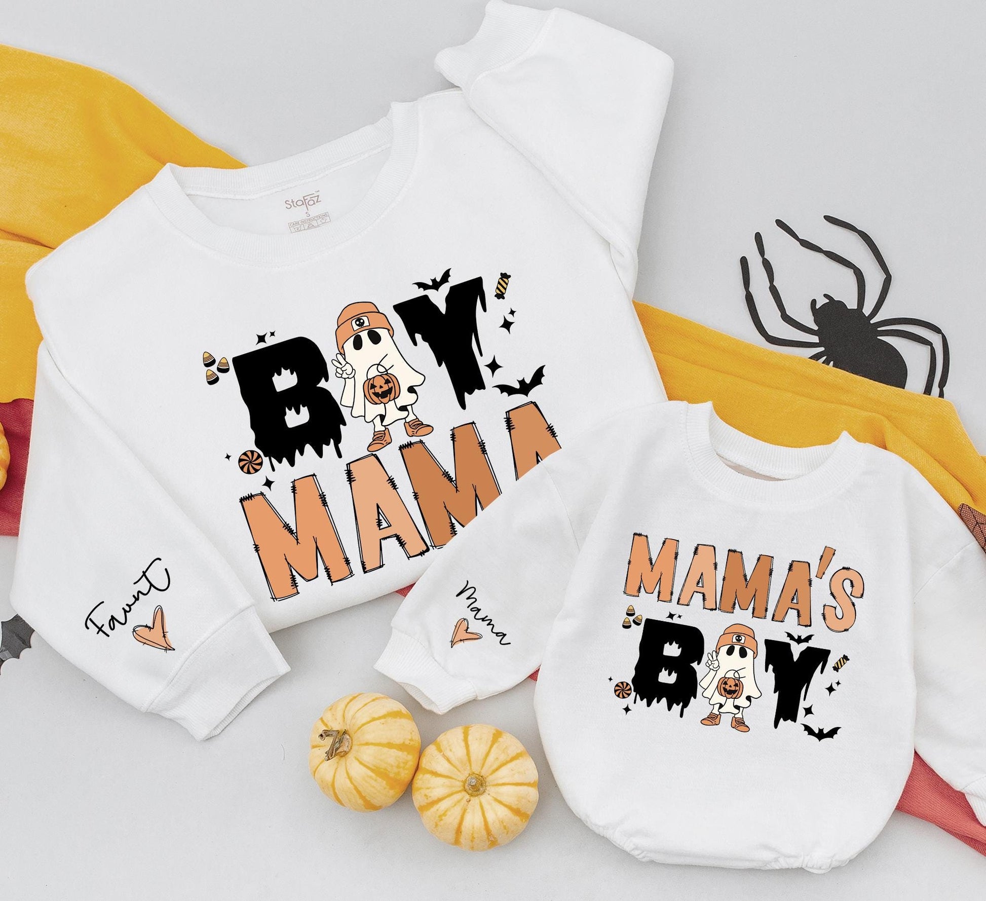Boy Mama Halloween Matching Sweatshirts, Spooky Season Family Outfit, Ghost Bats Candy Design, Holiday Gifts for Mom & Baby, Custom Clothes 138