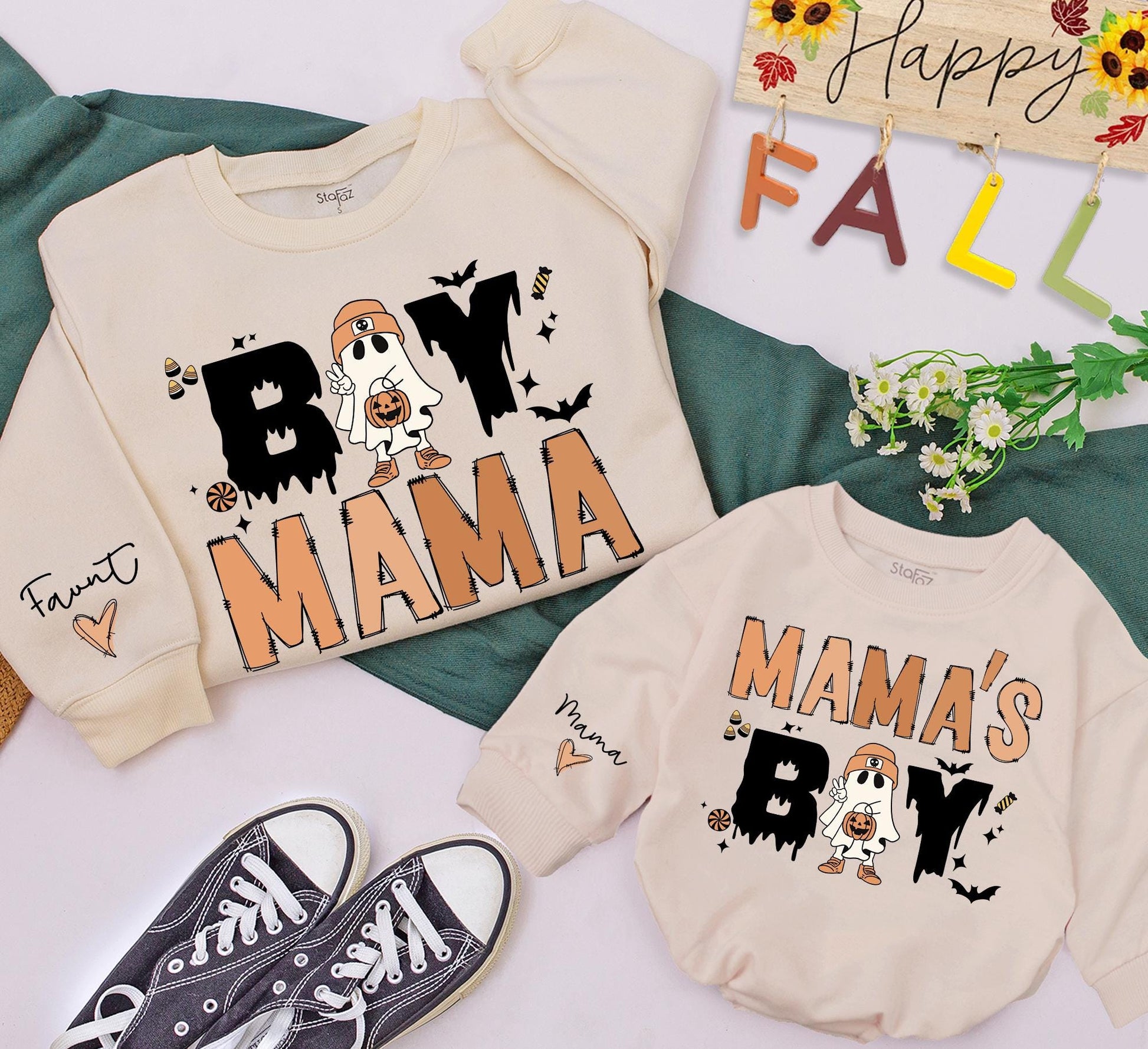 Boy Mama Halloween Matching Sweatshirts, Spooky Season Family Outfit, Ghost Bats Candy Design, Holiday Gifts for Mom & Baby, Custom Clothes 138