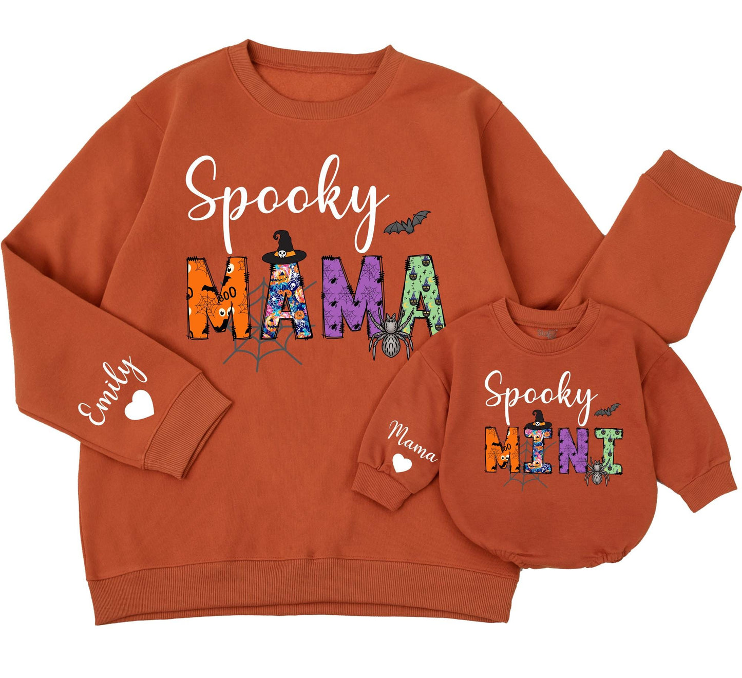 Spooky Matching Family Sweatshirt Set: Bronze Cursive 'Spooky' Design with Halloween Patterned Mama & Mini Shirts