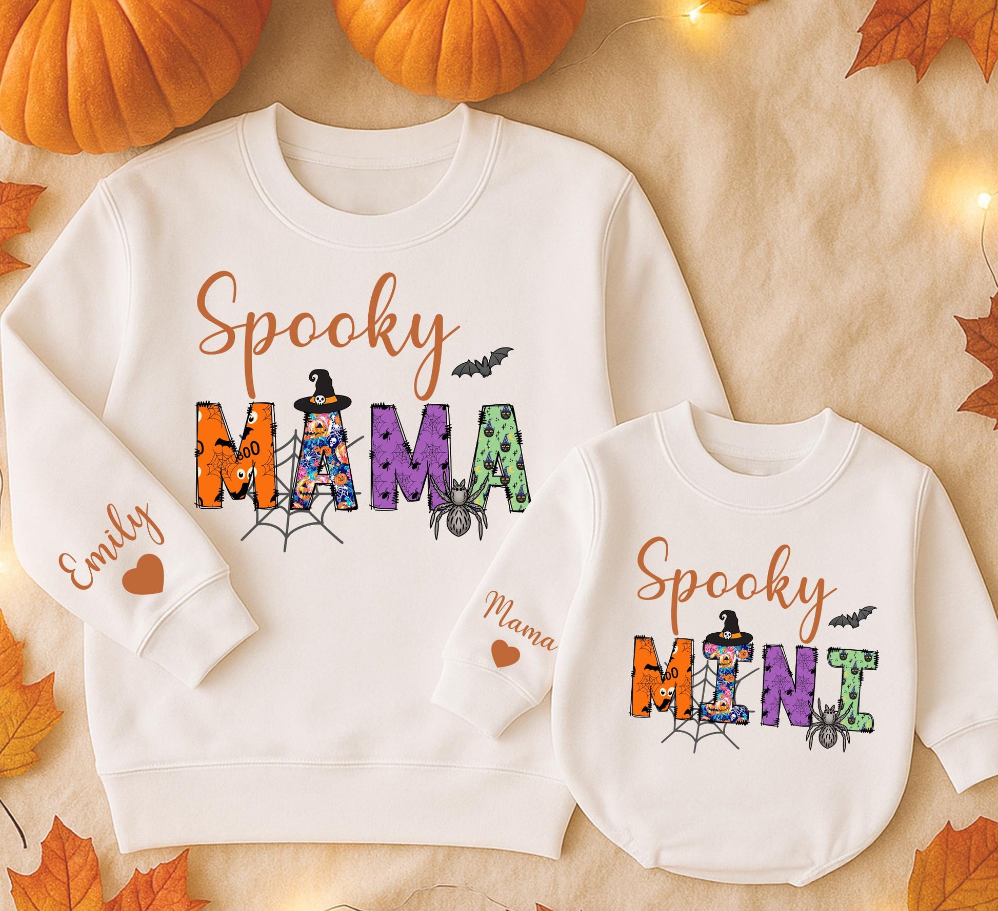 Spooky Matching Family Sweatshirt Set: Bronze Cursive 'Spooky' Design with Halloween Patterned Mama & Mini Shirts