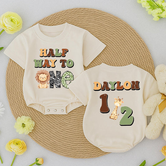 Baby Boy Half Birthday Safari Outfit Custom Name "Half Way to One" Lion Zebra Green Khaki Retro
