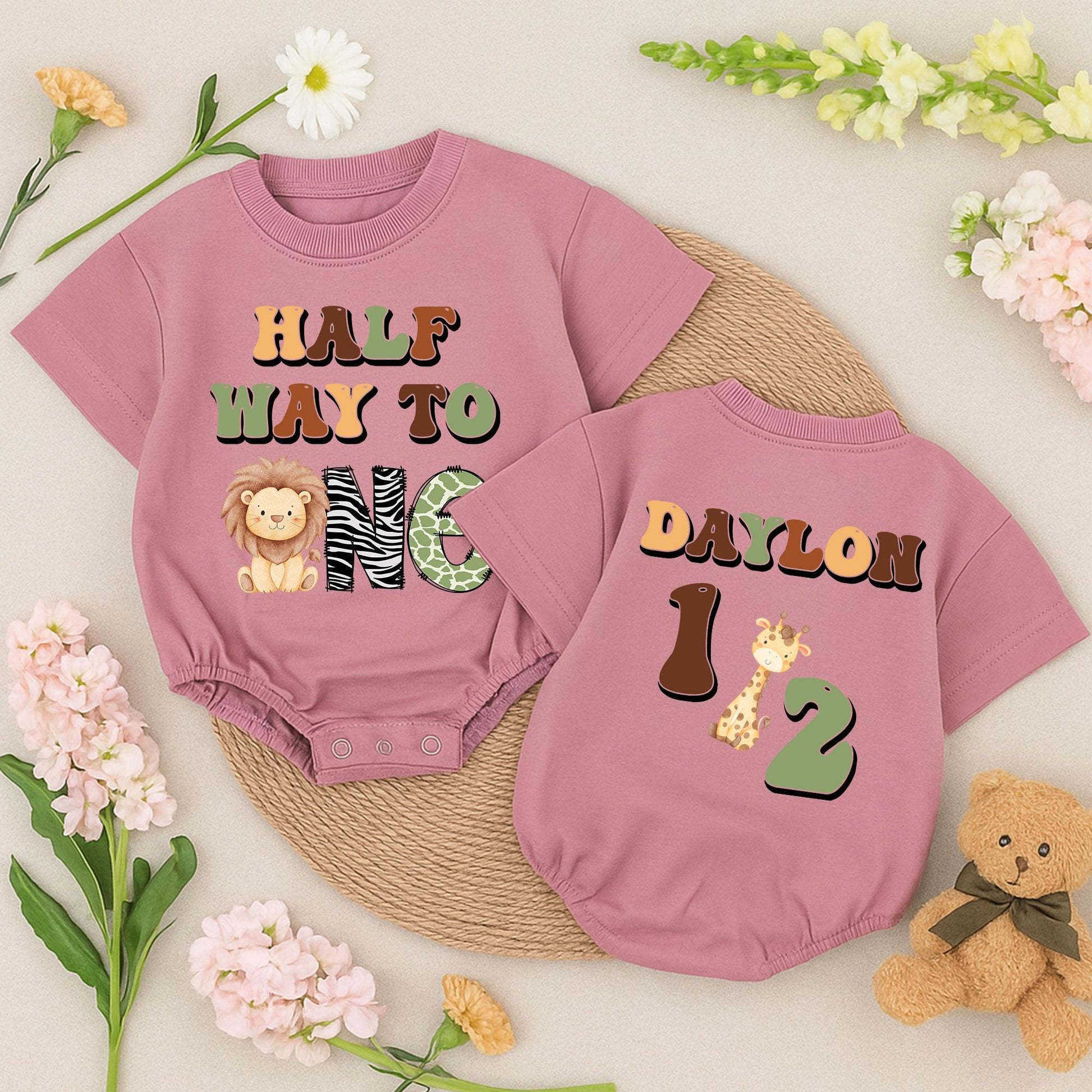 Baby Boy Half Birthday Safari Outfit Custom Name "Half Way to One" Lion Zebra Green Khaki Retro