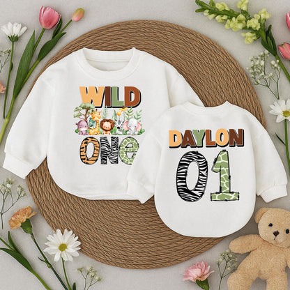 Wild One Safari Birthday Romper Personalized Daylon 01 Jungle Animals Baby Toddler Outfit First Birthday Boy Girl Gift