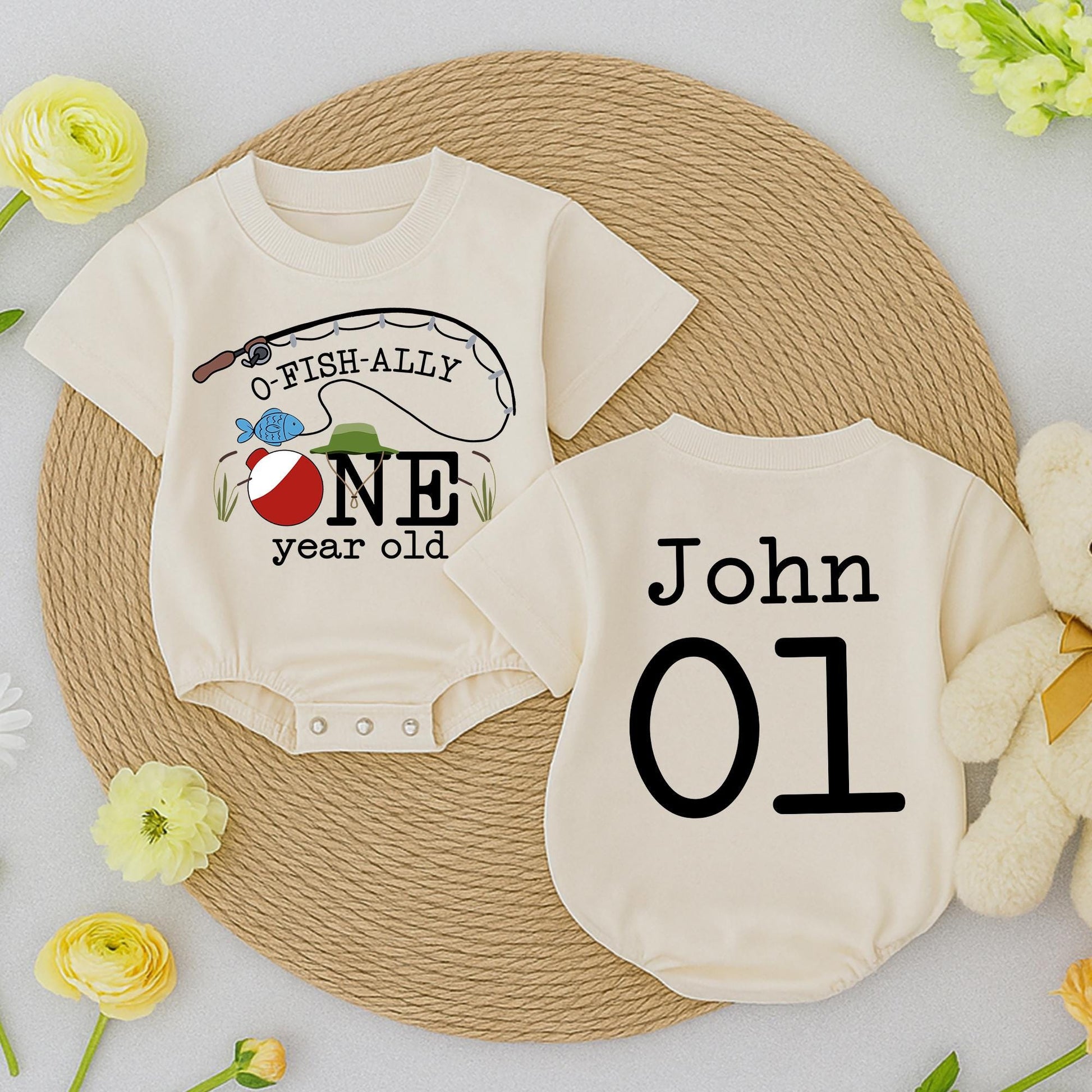 O-Fish-Ally One Birthday Baby Romper Fishing Bobber Reeds Blue Fish Green Hat John 01 First Birthday Outfit Toddler Fun Celebration Clothes