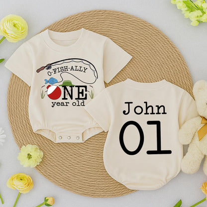 O-Fish-Ally One Birthday Baby Romper Fishing Bobber Reeds Blue Fish Green Hat John 01 First Birthday Outfit Toddler Fun Celebration Clothes