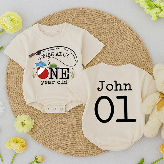O-Fish-Ally One Birthday Baby Romper Fishing Bobber Reeds Blue Fish Green Hat John 01 First Birthday Outfit Toddler Fun Celebration Clothes