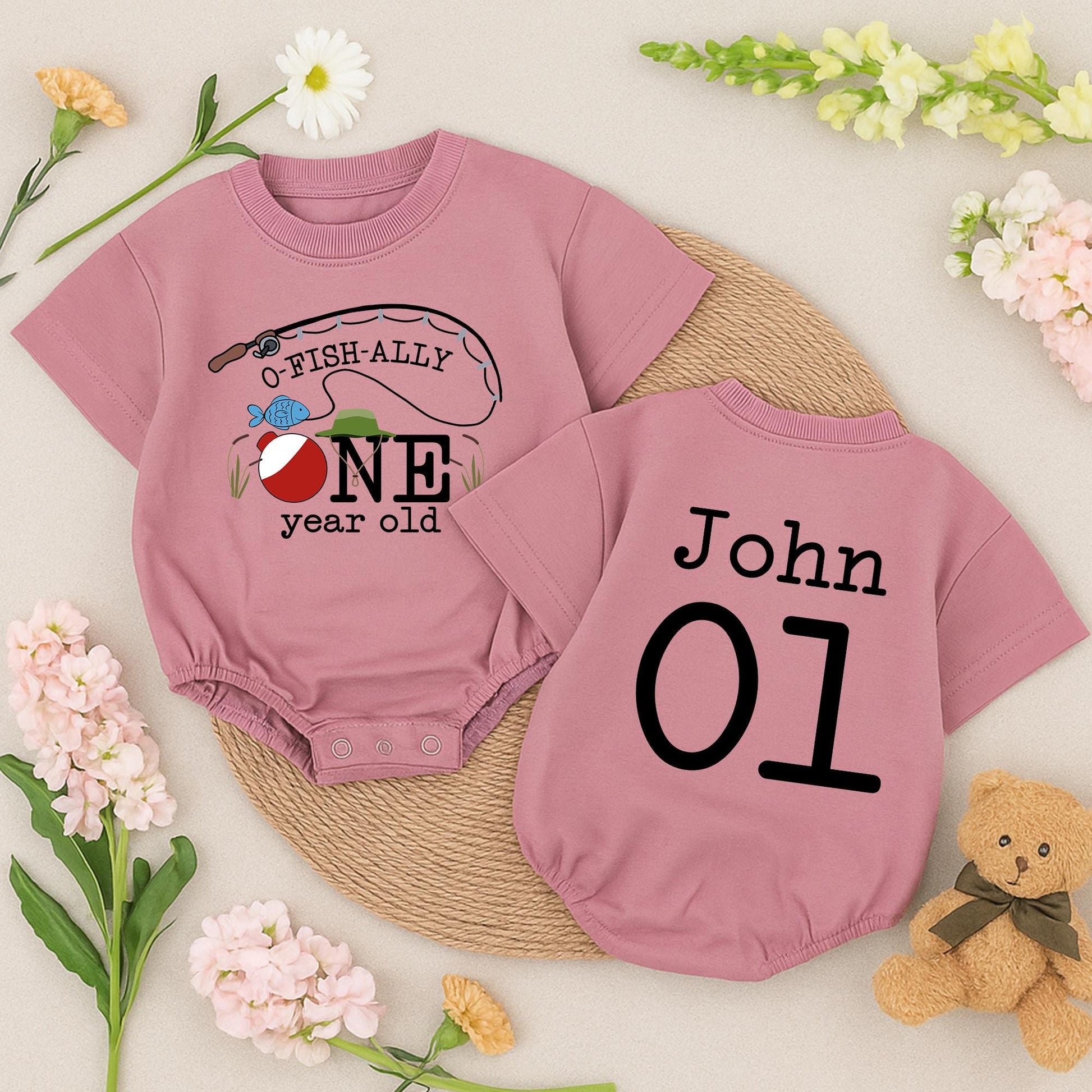 O-Fish-Ally One Birthday Baby Romper Fishing Bobber Reeds Blue Fish Green Hat John 01 First Birthday Outfit Toddler Fun Celebration Clothes