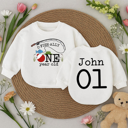 O-Fish-Ally One Birthday Baby Romper Fishing Bobber Reeds Blue Fish Green Hat John 01 First Birthday Outfit Toddler Fun Celebration Clothes