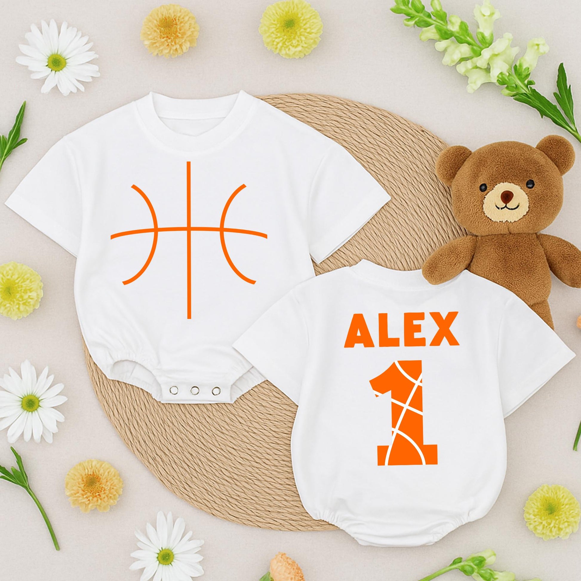Personalized Basketball Baby Romper Orange Custom Name and Number Game Day Bodysuit for Baby Boy Perfect Basketball Gift