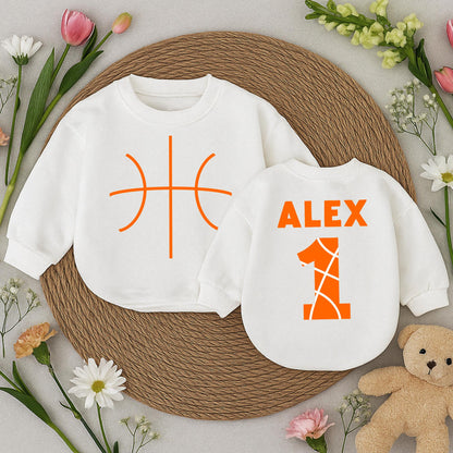Personalized Basketball Baby Romper Orange Custom Name and Number Game Day Bodysuit for Baby Boy Perfect Basketball Gift