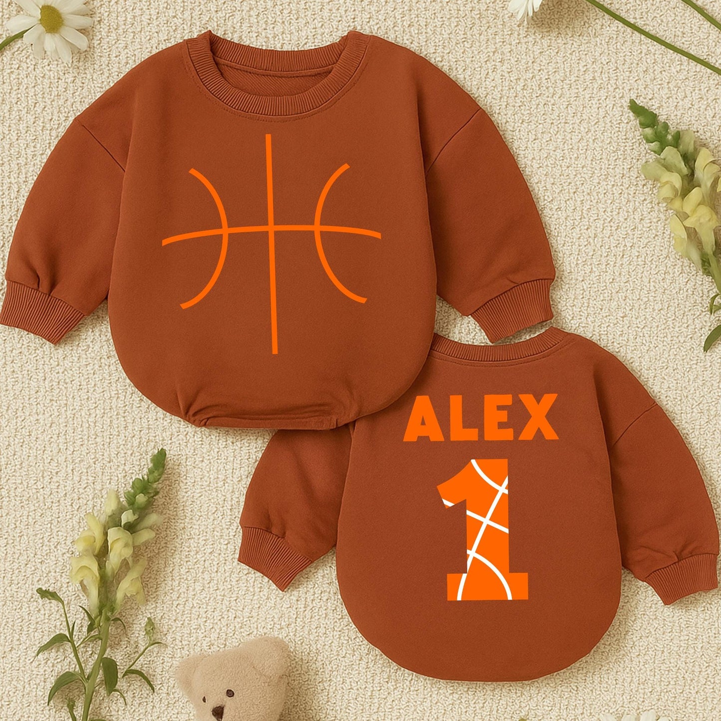 Personalized Basketball Baby Romper Orange Custom Name and Number Game Day Bodysuit for Baby Boy Perfect Basketball Gift