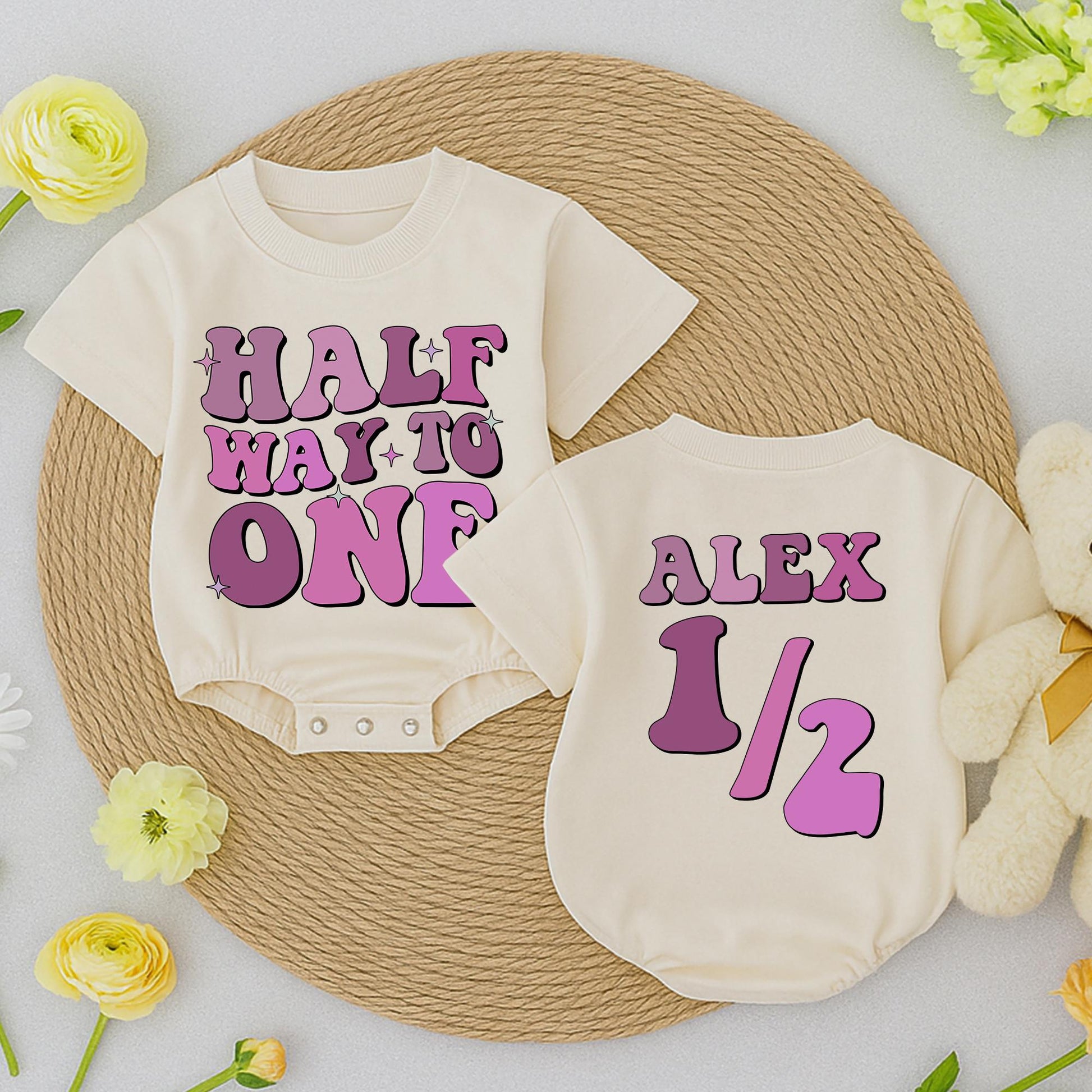Personalized Half Way to One Romper Retro Birthday Outfit Custom Name 6 Month Bodysuit Pink Purple Star Design Baby Boy Shower Gift Vintage Style (138 chars)