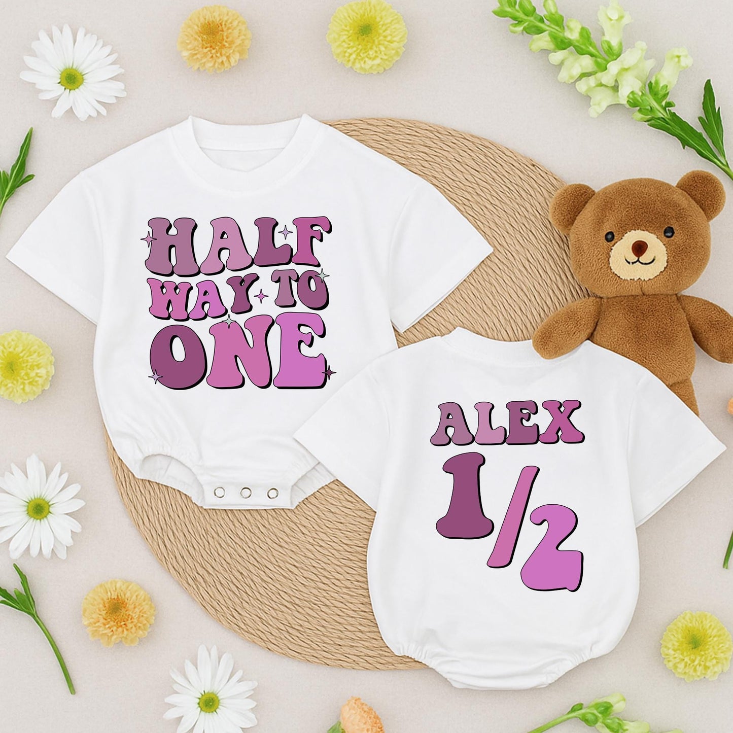 Personalized Half Way to One Romper Retro Birthday Outfit Custom Name 6 Month Bodysuit Pink Purple Star Design Baby Boy Shower Gift Vintage Style (138 chars)