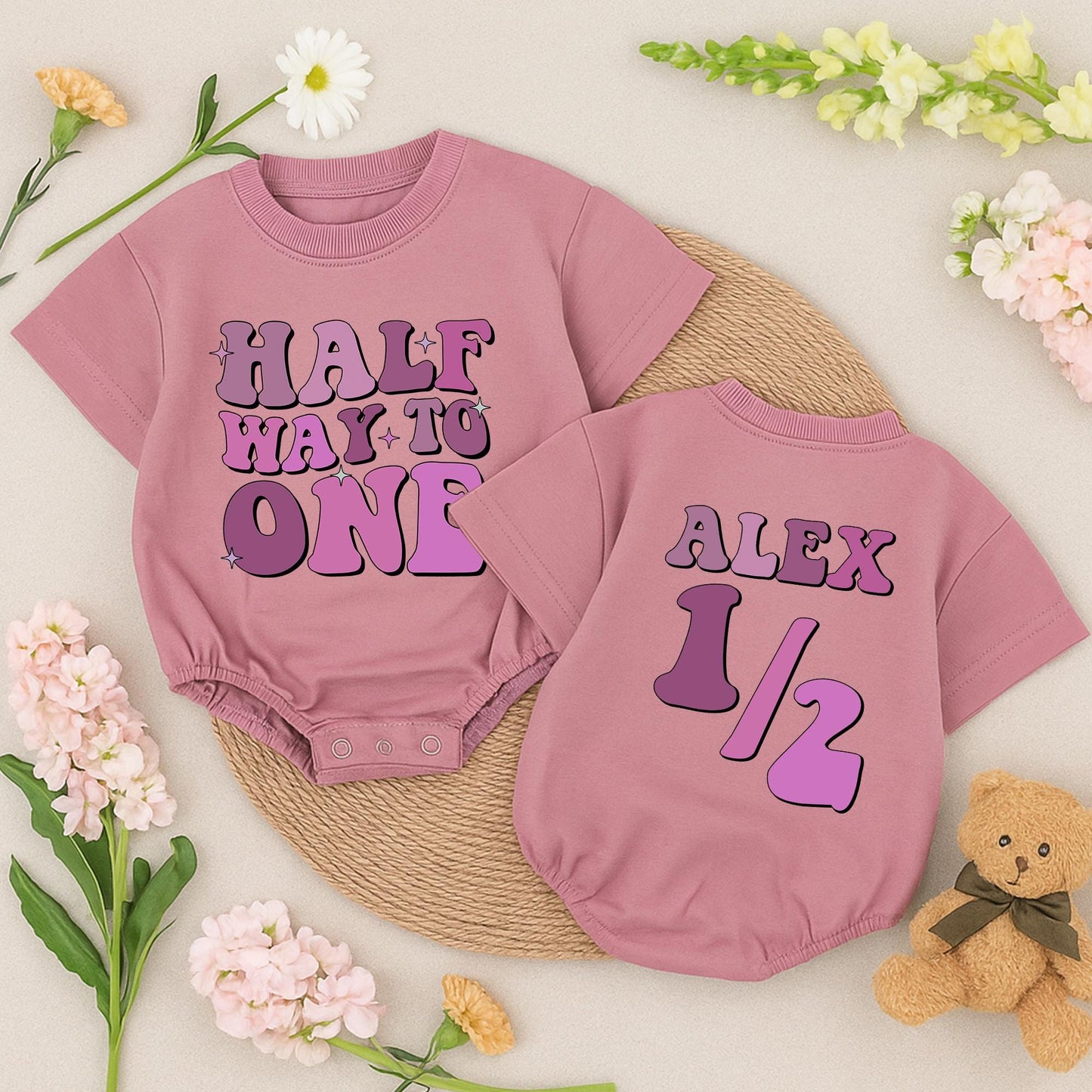 Personalized Half Way to One Romper Retro Birthday Outfit Custom Name 6 Month Bodysuit Pink Purple Star Design Baby Boy Shower Gift Vintage Style (138 chars)