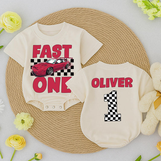 Fast One Race Car Birthday Outfit Boy or Girl, First Birthday Romper, Red Checkered Flag Number One Personalized Racing Theme Baby Clothes 1st Bday
