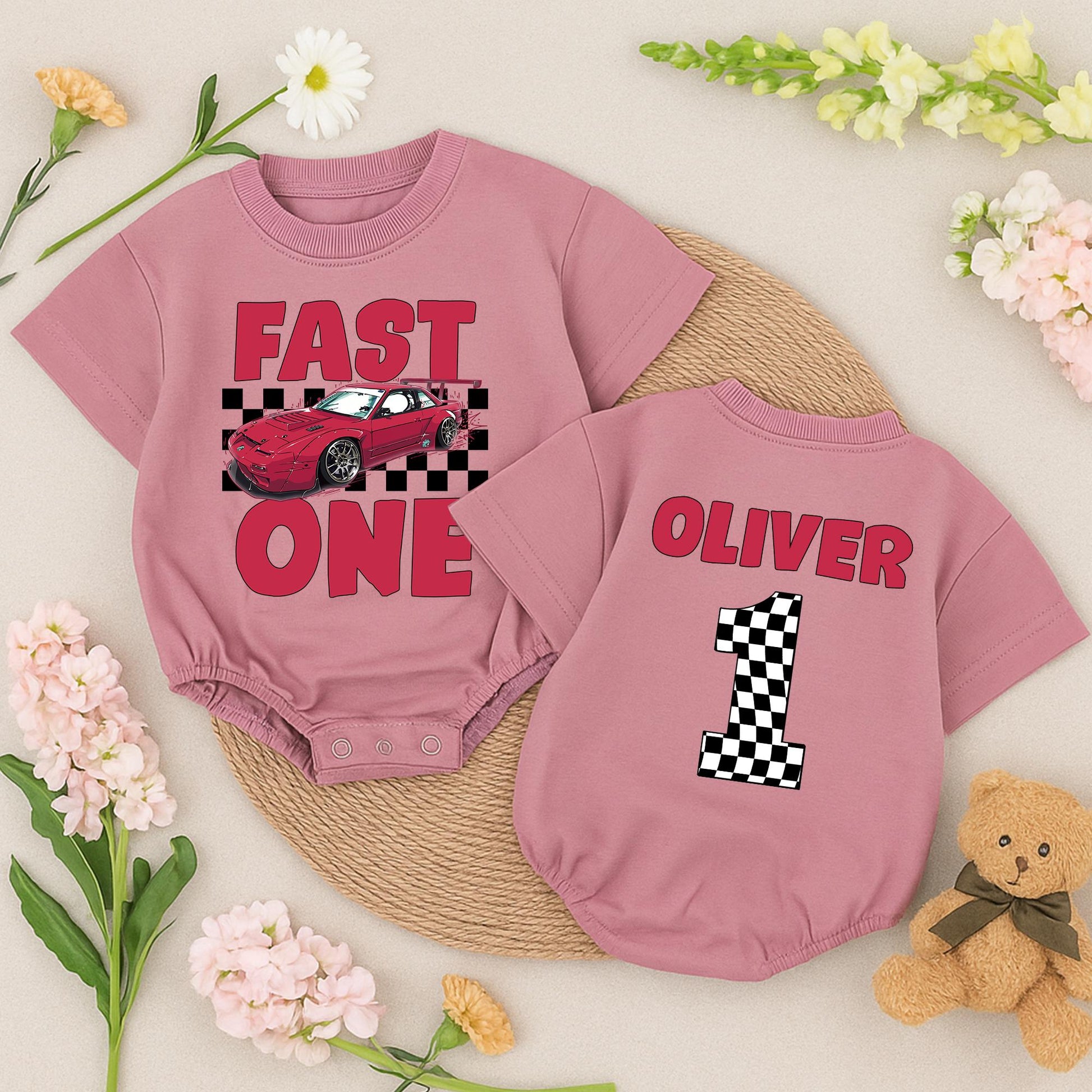 Fast One Race Car Birthday Outfit Boy or Girl, First Birthday Romper, Red Checkered Flag Number One Personalized Racing Theme Baby Clothes 1st Bday