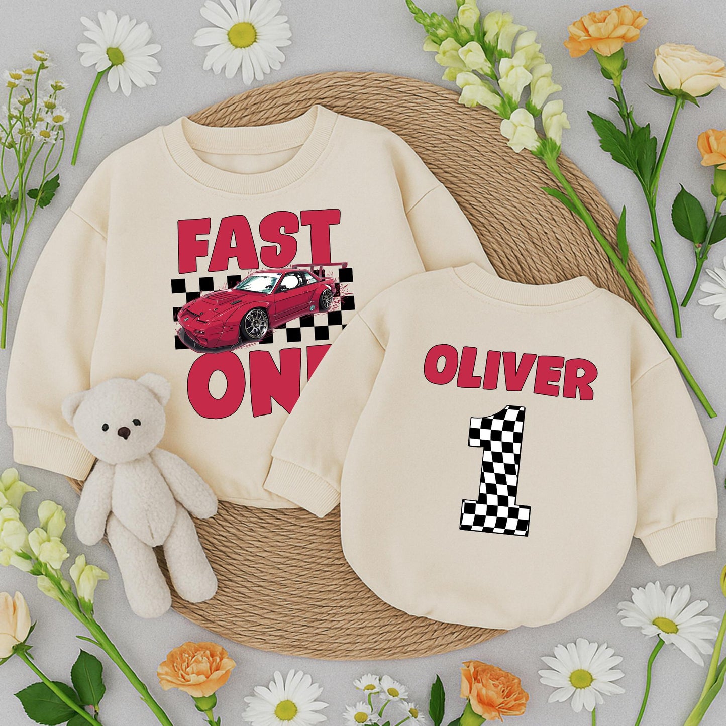 Fast One Race Car Birthday Outfit Boy or Girl, First Birthday Romper, Red Checkered Flag Number One Personalized Racing Theme Baby Clothes 1st Bday