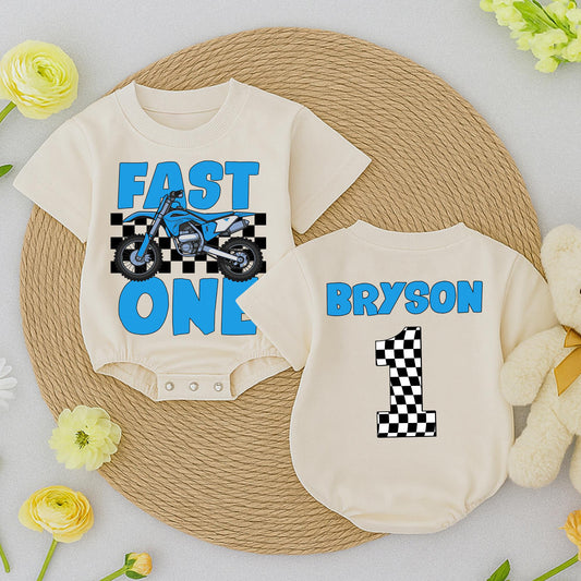 Fast One Racing Birthday Shirt for Baby Boy Blue Motorcycle Checkered Flag First Birthday Outfit