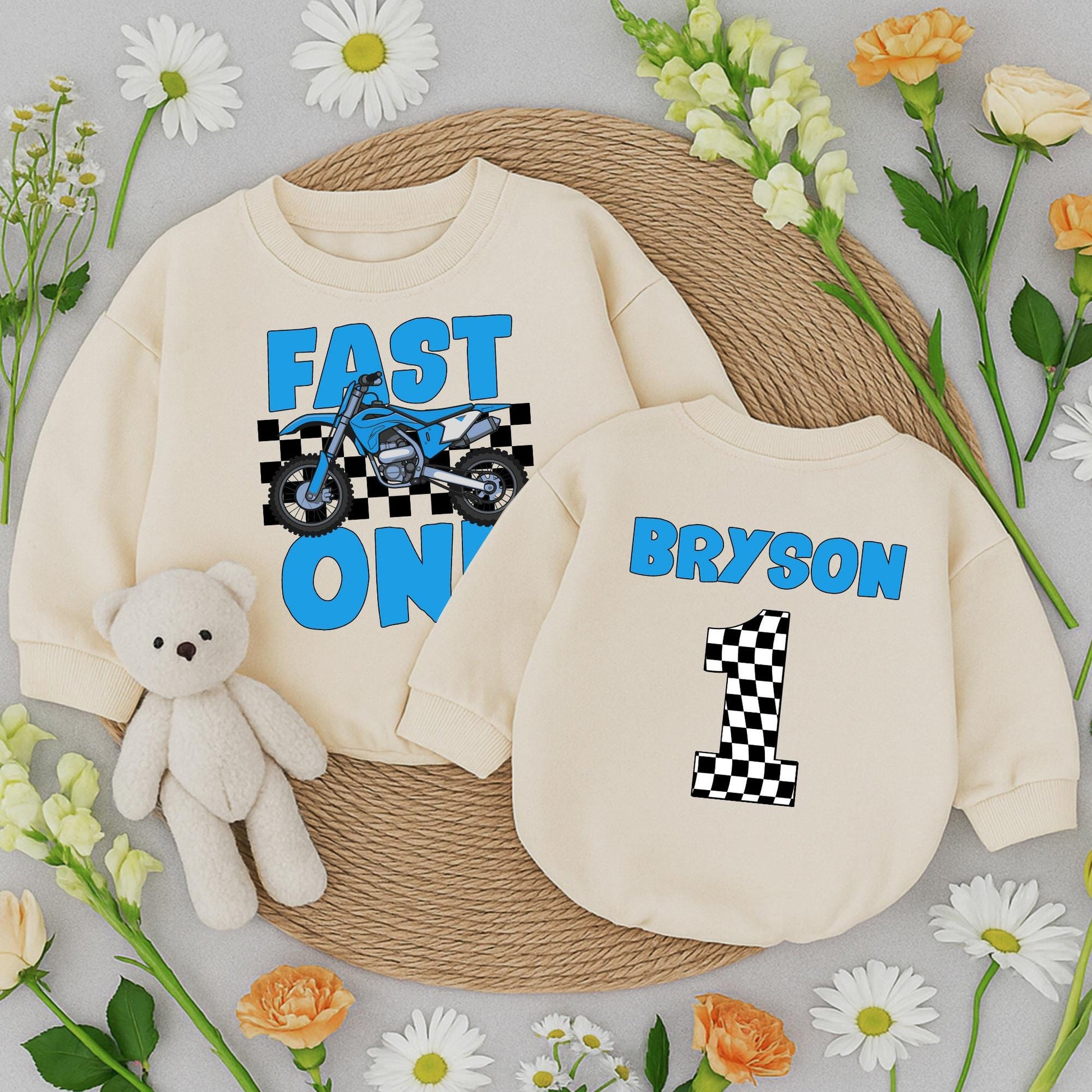 Fast One Racing Birthday Shirt for Baby Boy Blue Motorcycle Checkered Flag First Birthday Outfit