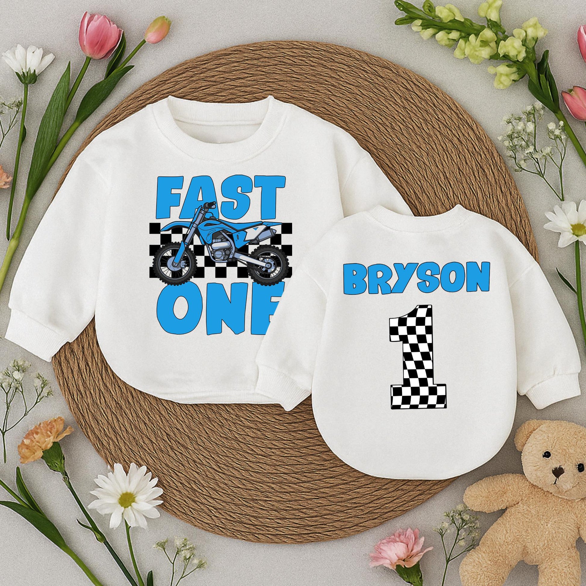 Fast One Racing Birthday Shirt for Baby Boy Blue Motorcycle Checkered Flag First Birthday Outfit