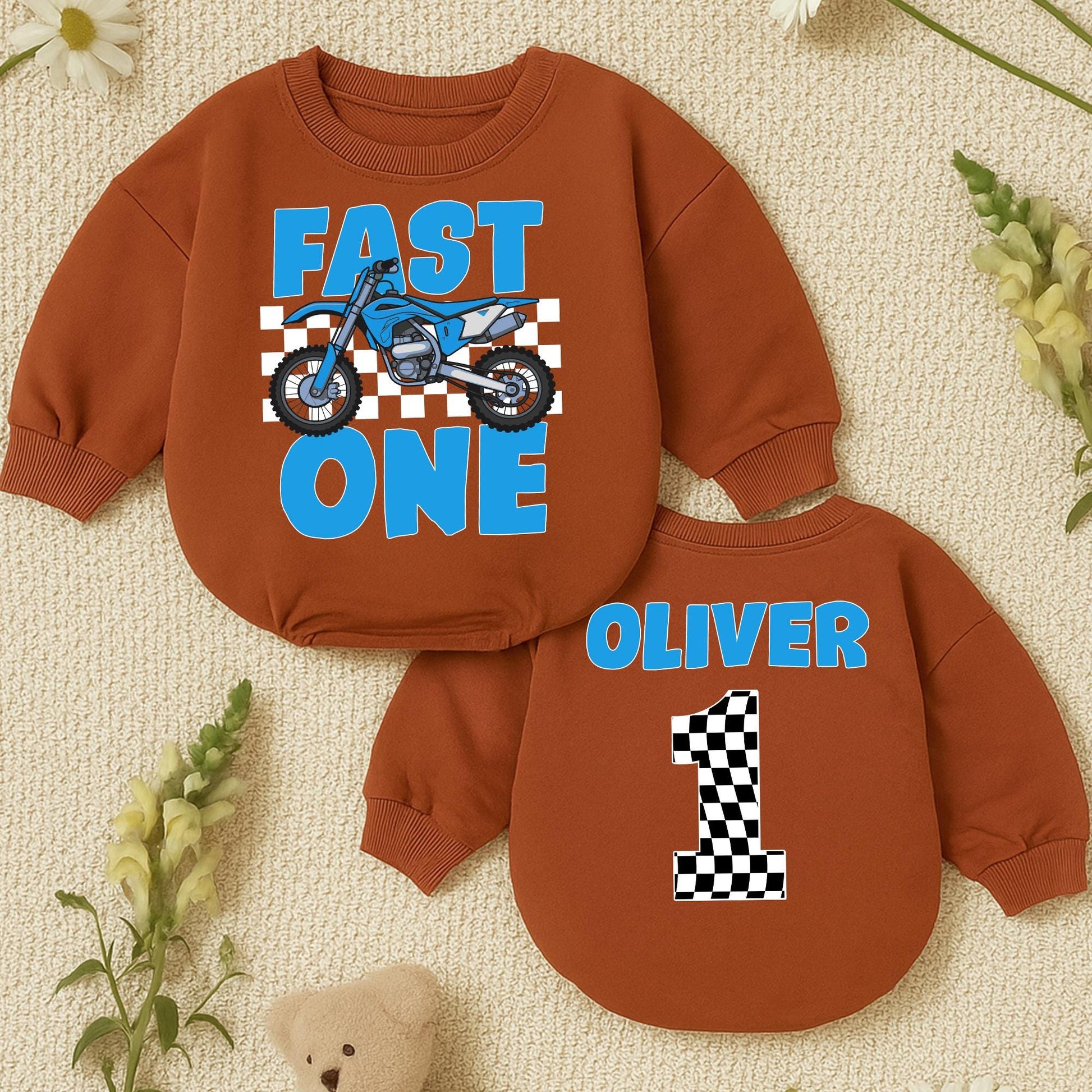 Fast One Racing Birthday Shirt for Baby Boy Blue Motorcycle Checkered Flag First Birthday Outfit